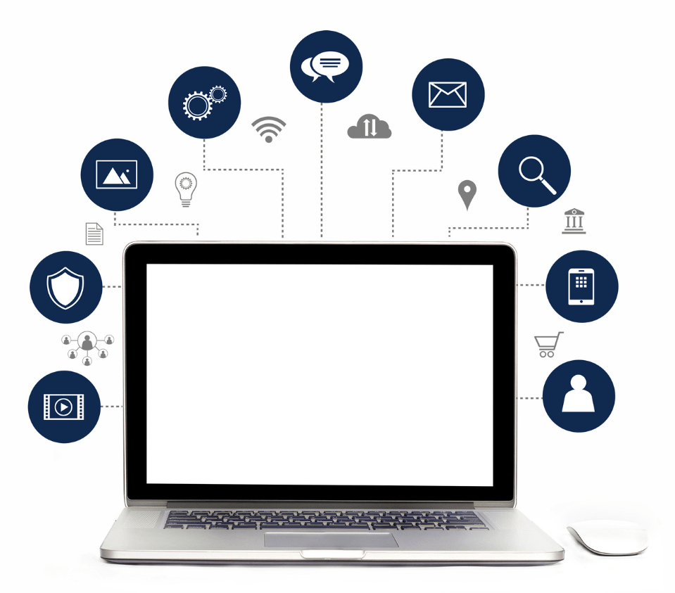 Gráfico de un ordenador portátil rodeado de iconos en torno a que ilustra las diferentes herramientas digitales