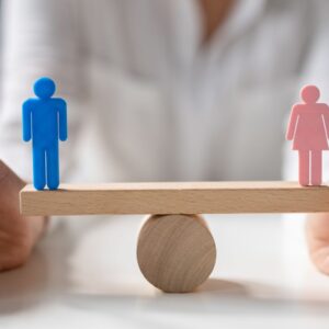 Icones de home i dona fent equilibri per il·lustrar el Curs de Aspectes legals de la igualtat de gènere
